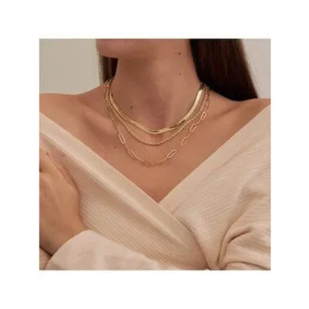 GOLD 14k Gold Plated 3pc Paperclip Herringbone Necklace Set - Picture 2 of 3